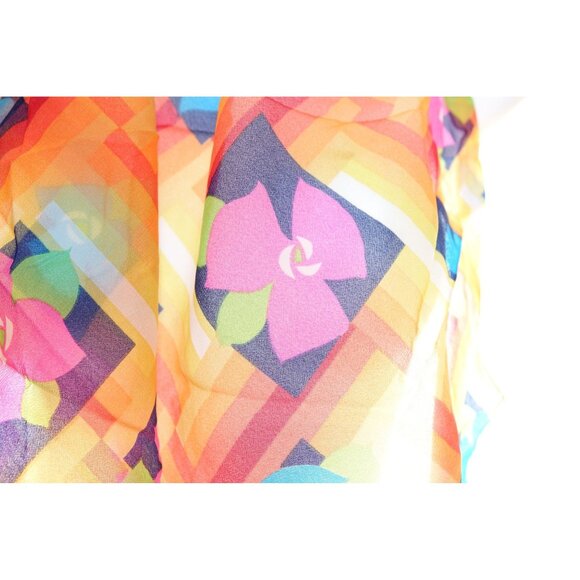 Day Glo Mod Floral Scarf Sheer Geometric Pink Blue Flowers Orange Yellow Red - Picture 4 of 4